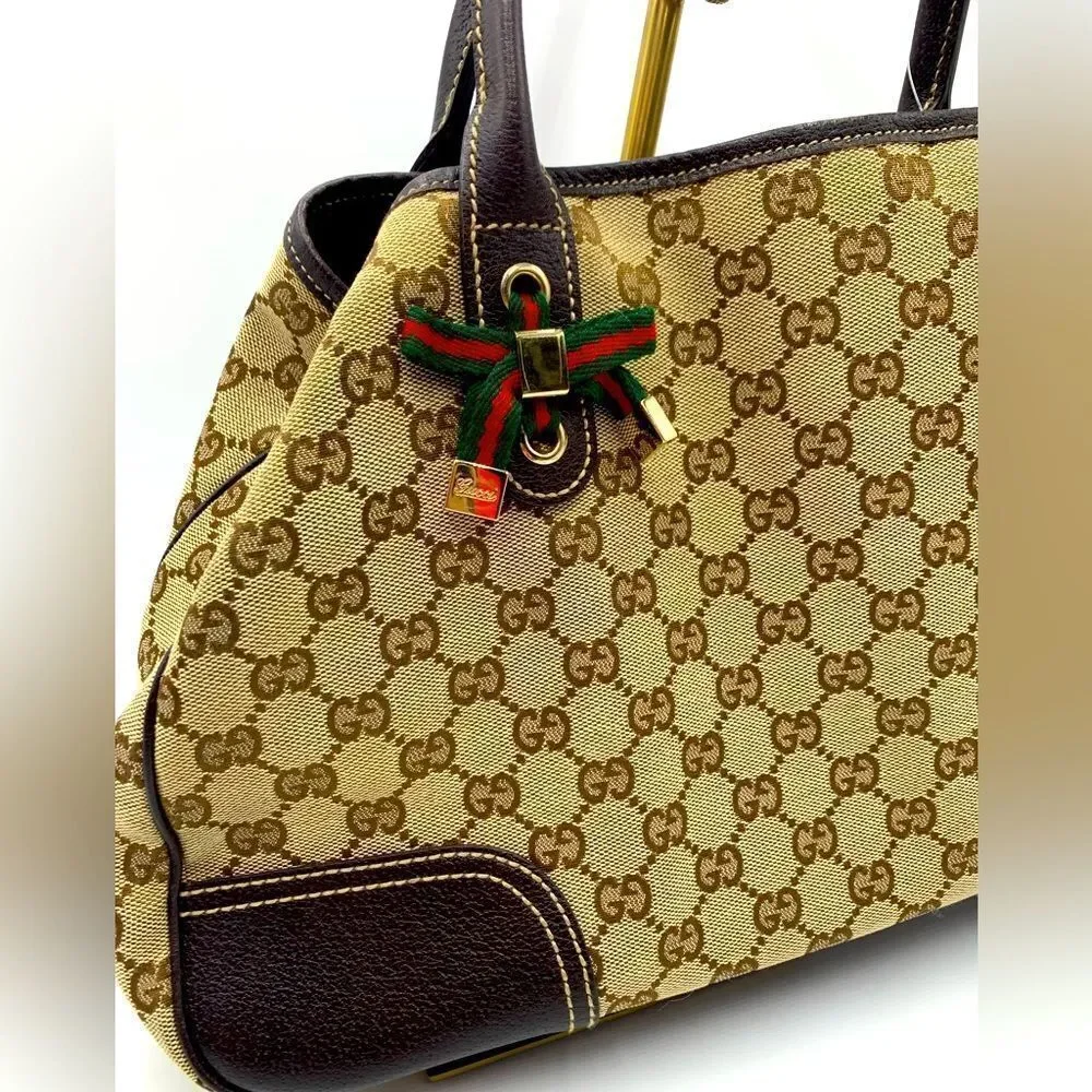 Auth GUCCI GG Monogram Tan Brown Canvas Leather Princey Shoulder 2way Handbag